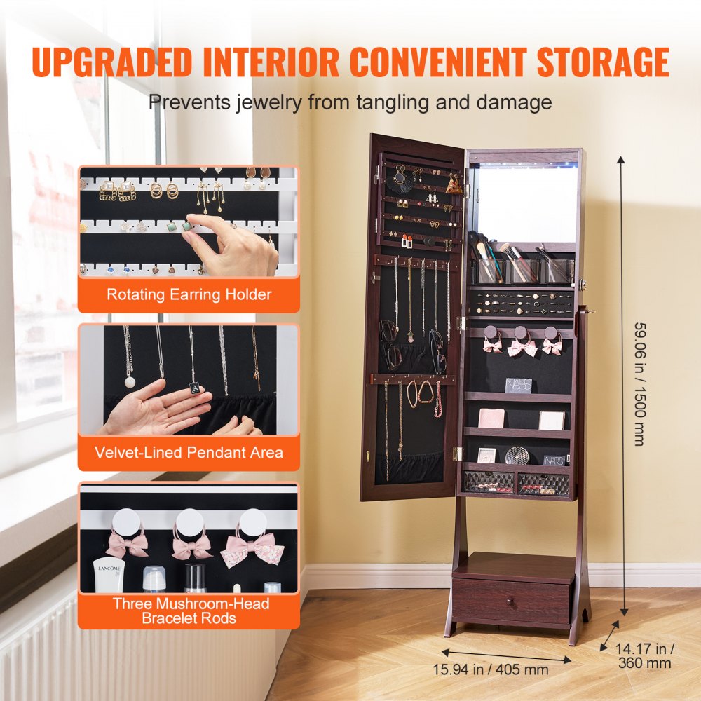 Brown standing jewelry cabinet with full-length mirror, drawers, and shelves for organized storage.