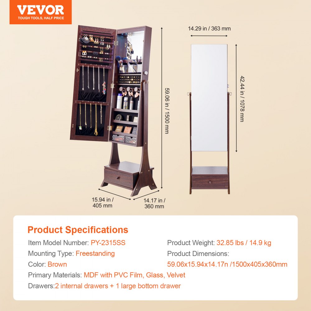 Brown standing jewelry cabinet with full-length mirror and organized storage compartments.