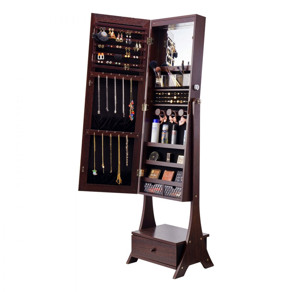 Brown standing jewelry cabinet with a full-length mirror and multiple storage compartments.
