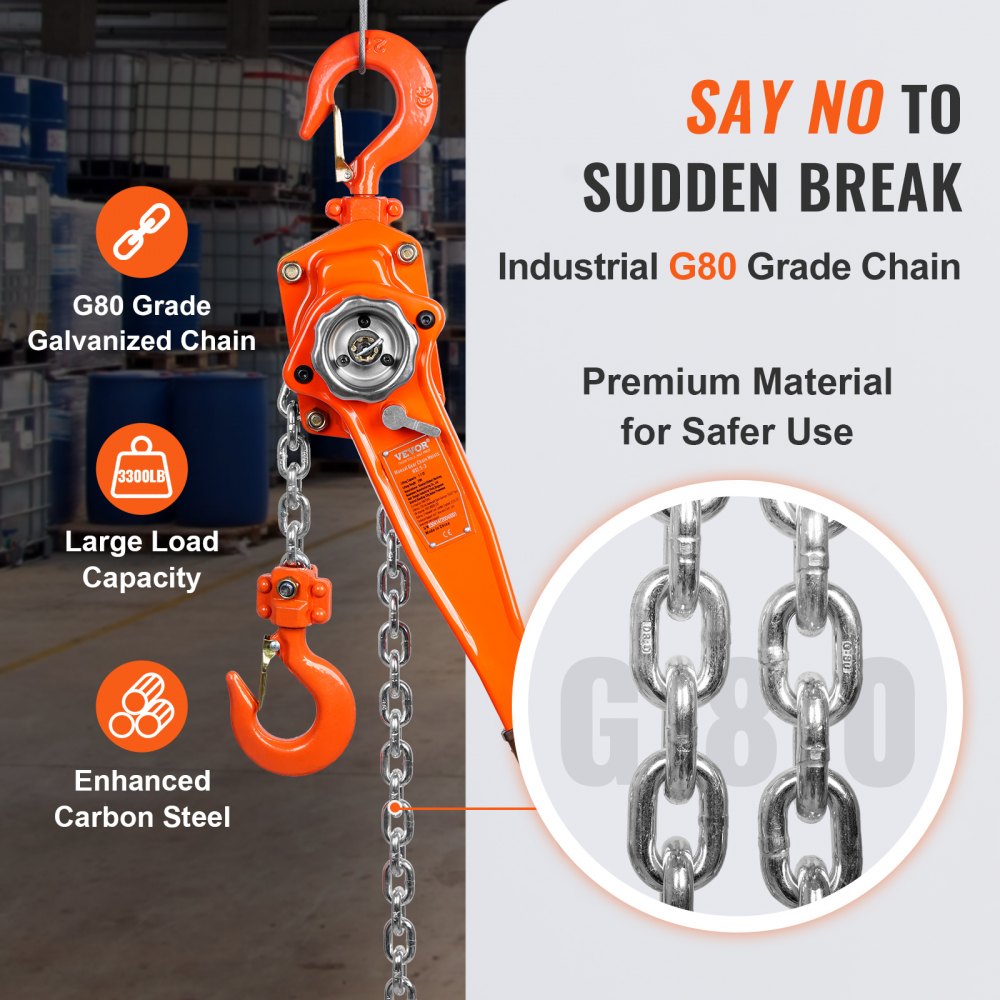 Manual Lever Chain Hoist, 1-1/2 Ton 3300 lbs Capacity 10 FT Come Along, G80 Galvanized Carbon Steel with Weston Double-Pawl Brake,Auto Chain Leading & 360° Rotation Hook, for Garage Factory Dock