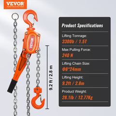 Manual Lever Chain Hoist, 1-1/2 Ton 3300 lbs Capacity 10 FT Come Along, G80 Galvanized Carbon Steel with Weston Double-Pawl Brake,Auto Chain Leading & 360° Rotation Hook, for Garage Factory Dock