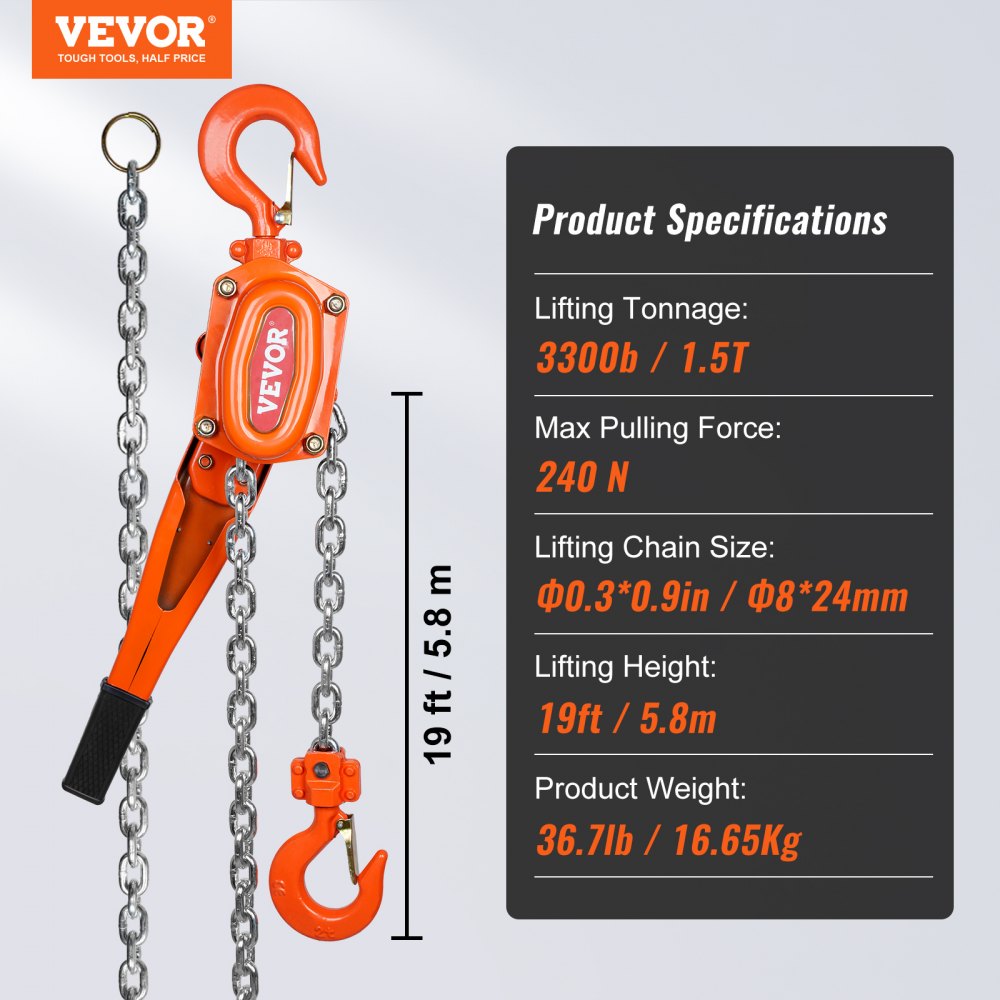Manual Lever Chain Hoist, 1-1/2 Ton 3300 lbs Capacity 20 FT Come Along, G80 Galvanized Carbon Steel with Weston Double-Pawl Brake,Auto Chain Leading & 360° Rotation Hook, for Garage Factory Dock