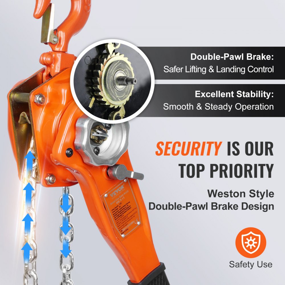 Hand-Operated Chain Lift, 1650 lbs Load, 5ft Length, G80 Zinc-Coated Steel, Dual-Pawl Brake System, Automatic Chain Guide & Swivel Hook, Ideal for Workshops, Warehouses, and Loading Docks