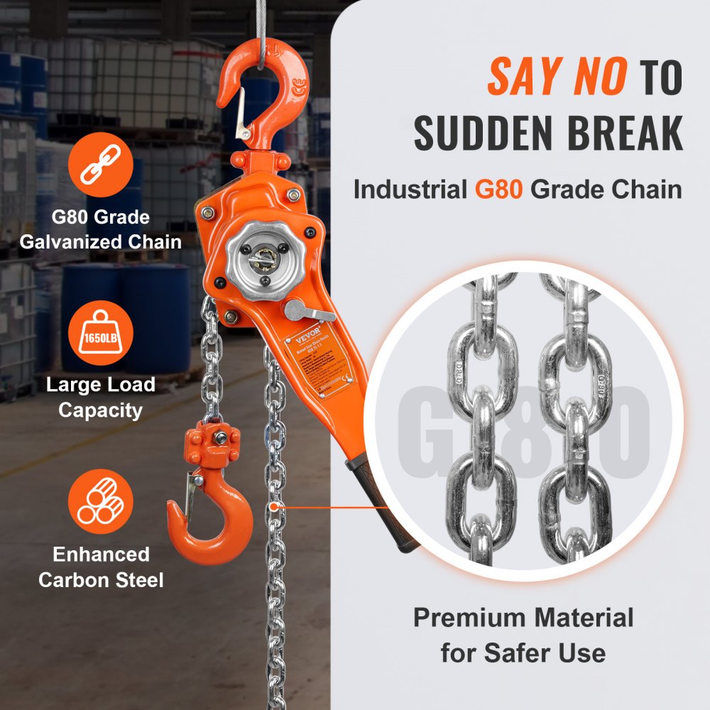Hand-Operated Chain Lift, 1650 lbs Load, 5ft Length, G80 Zinc-Coated Steel, Dual-Pawl Brake System, Automatic Chain Guide & Swivel Hook, Ideal for Workshops, Warehouses, and Loading Docks