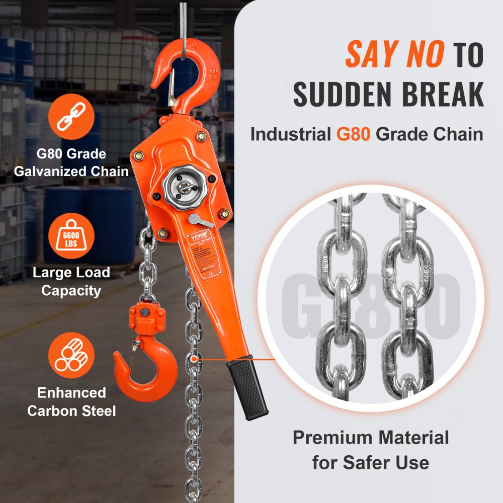 Manual Lever Chain Hoist, 3 Ton 6600 lbs Capacity 10 FT Come Along, G80 Galvanized Carbon Steel with Weston Double-Pawl Brake, Auto Chain Leading & 360° Rotation Hook, for Garage Factory Dock