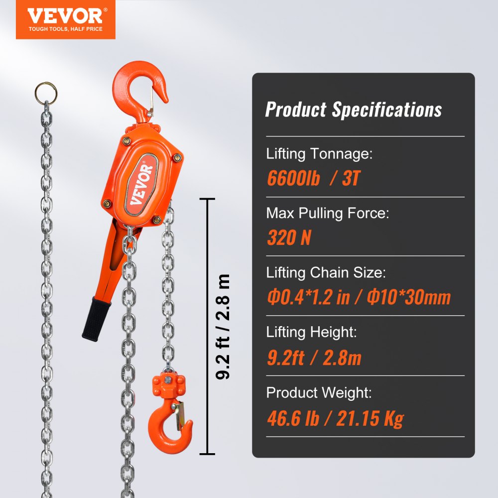Manual Lever Chain Hoist, 3 Ton 6600 lbs Capacity 10 FT Come Along, G80 Galvanized Carbon Steel with Weston Double-Pawl Brake, Auto Chain Leading & 360° Rotation Hook, for Garage Factory Dock