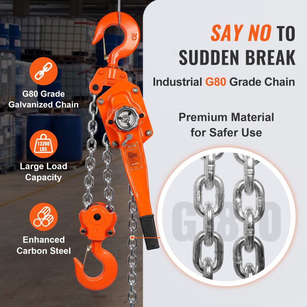 Manual Lever Chain Hoist, 6 Ton 13200 lbs Capacity 10 FT Come Along, G80 Galvanized Carbon Steel with Weston Double-Pawl Brake, Auto Chain Leading & 360° Rotation Hook, for Garage Factory Dock