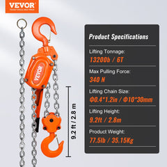 Manual Lever Chain Hoist, 6 Ton 13200 lbs Capacity 10 FT Come Along, G80 Galvanized Carbon Steel with Weston Double-Pawl Brake, Auto Chain Leading & 360° Rotation Hook, for Garage Factory Dock