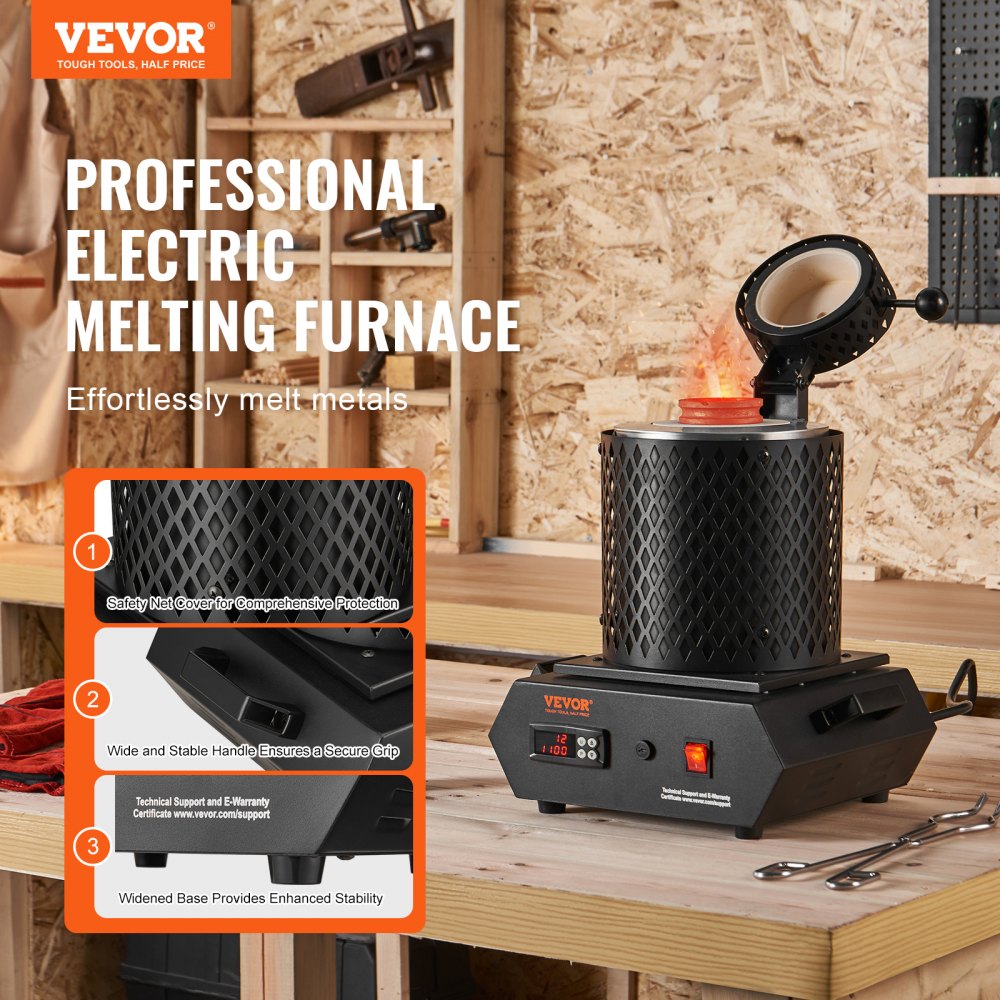 1350W Gold Melting Furnace, Electric Digital Smelting Furnace, 2102℉/1150℃ Electric Melting Furnace with 1kg and 3 kg Graphite Crucibles for Melting Gold, Silver, Aluminum, Copper
