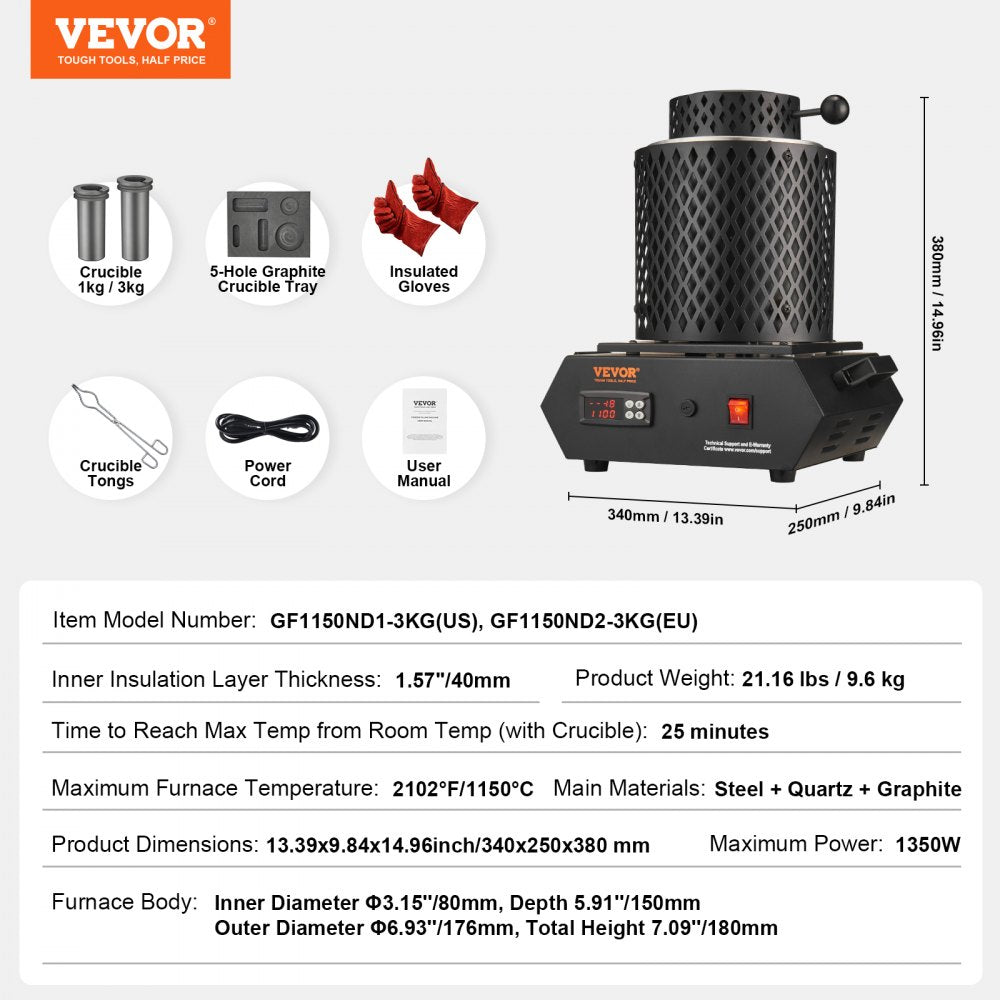 1350W Gold Melting Furnace, Electric Digital Smelting Furnace, 2102℉/1150℃ Electric Melting Furnace with 1kg and 3 kg Graphite Crucibles for Melting Gold, Silver, Aluminum, Copper