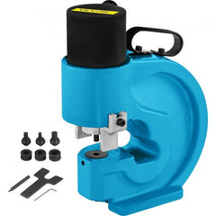 Blue Bostome CH-70 35T hydraulic hole puncher with 1/2-inch capacity and 4.3-inch throat, shown with black handle, yellow label, and included dies and wrenches.