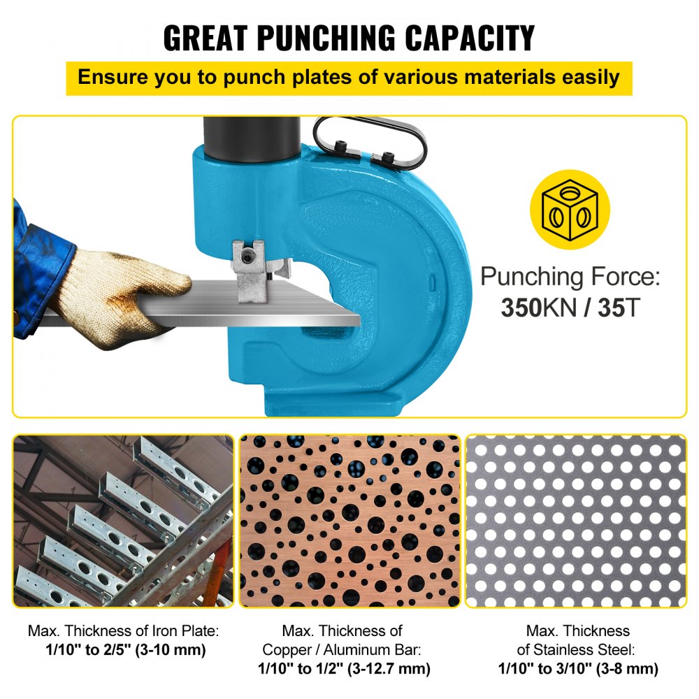 Blue Bostome CH-70 hydraulic hole puncher with 35T force, 1/2-inch capacity, and 4.3-inch throat depth.