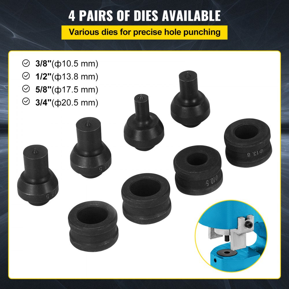 Bostome CH-70 35T hydraulic hole puncher with four black die pairs for 3/8" to 3/4" holes.