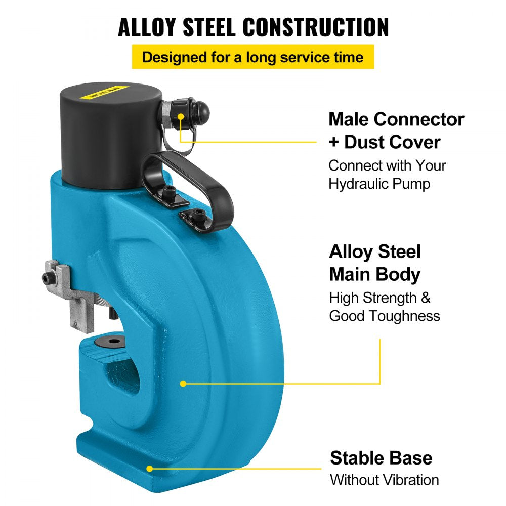 Blue hydraulic hole puncher with alloy steel body, male connector, dust cover, and stable base.
