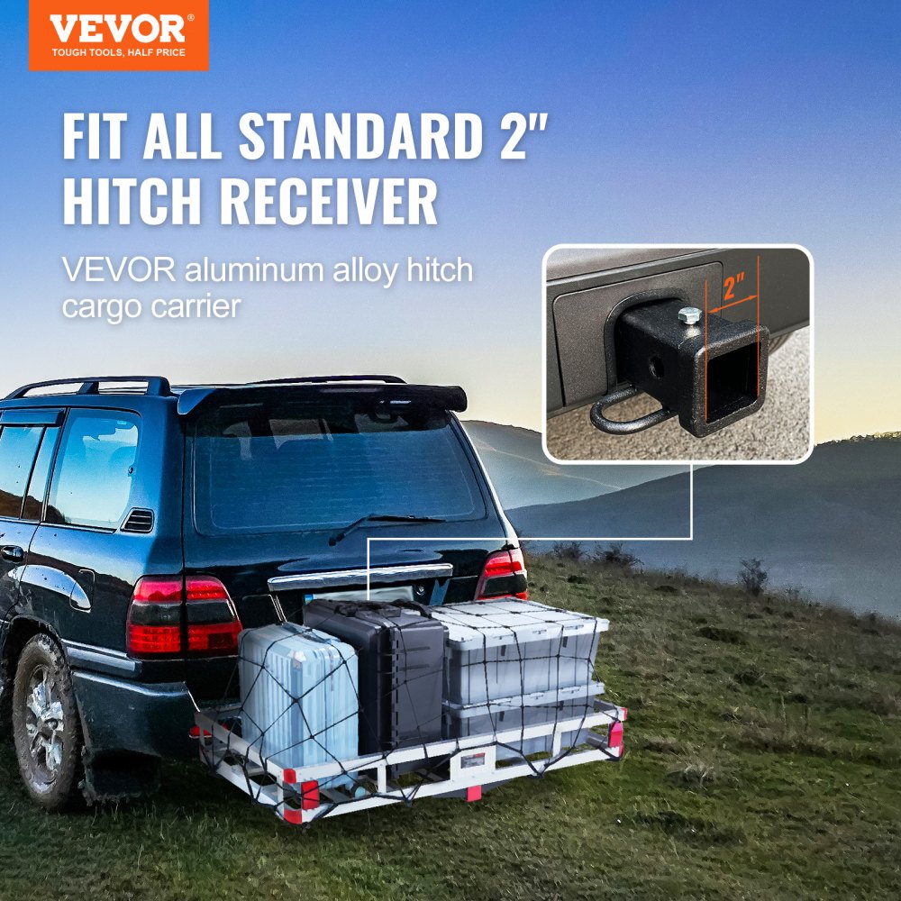 49.4 x 22.4 x 7.1 in Hitch Cargo Carrier, 500lbs Loading Capacity Trailer Hitch Mounted Cargo Basket, Rust-proof Aluminum Luggage Carrier Rack Fits 2" Hitch Receiver for SUV Truck Pickup Camping