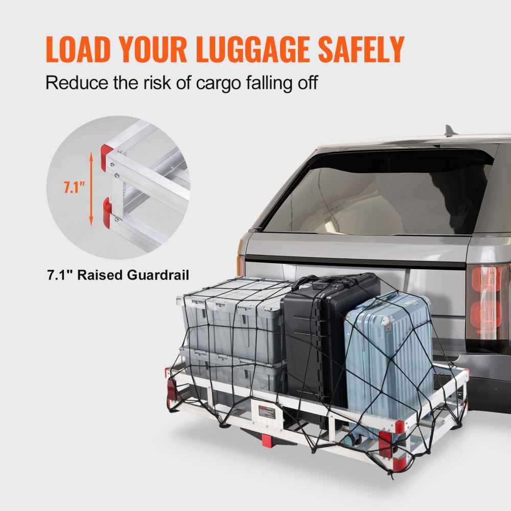 49.4 x 22.4 x 7.1 in Hitch Cargo Carrier, 500lbs Loading Capacity Trailer Hitch Mounted Cargo Basket, Rust-proof Aluminum Luggage Carrier Rack Fits 2" Hitch Receiver for SUV Truck Pickup Camping
