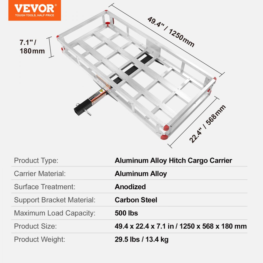 49.4 x 22.4 x 7.1 in Hitch Cargo Carrier, 500lbs Loading Capacity Trailer Hitch Mounted Cargo Basket, Rust-proof Aluminum Luggage Carrier Rack Fits 2" Hitch Receiver for SUV Truck Pickup Camping