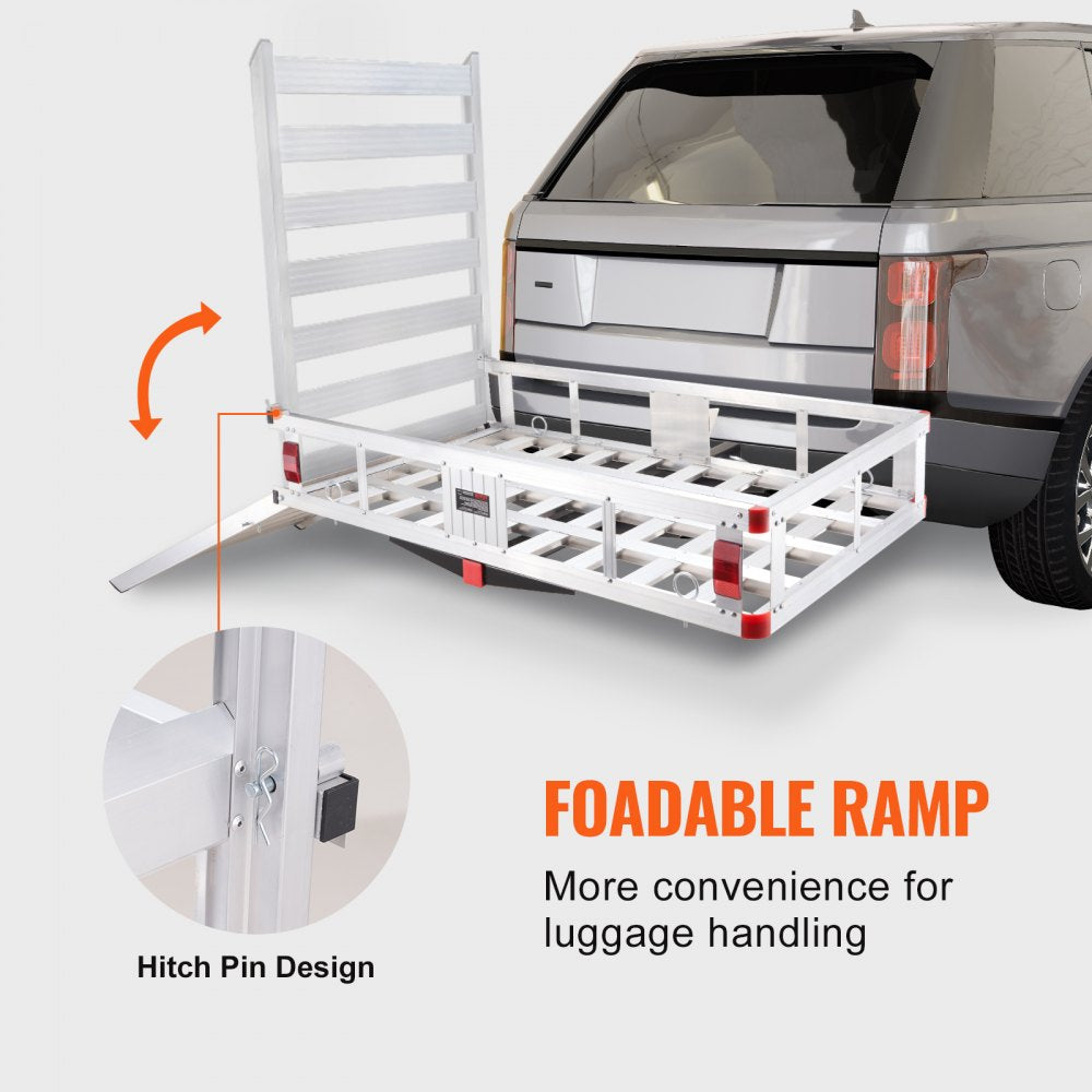 50 x 29.5 x 8.7 inch Hitch Cargo Carrier, 500lbs Capacity Trailer Hitch Mounted Cargo Basket, Aluminum Luggage Carrier Rack with Folding Ramp, Fits 2" Hitch Receiver for SUV Truck Pickup Camping