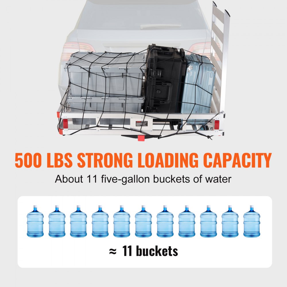 50 x 29.5 x 8.7 inch Hitch Cargo Carrier, 500lbs Capacity Trailer Hitch Mounted Cargo Basket, Aluminum Luggage Carrier Rack with Folding Ramp, Fits 2" Hitch Receiver for SUV Truck Pickup Camping