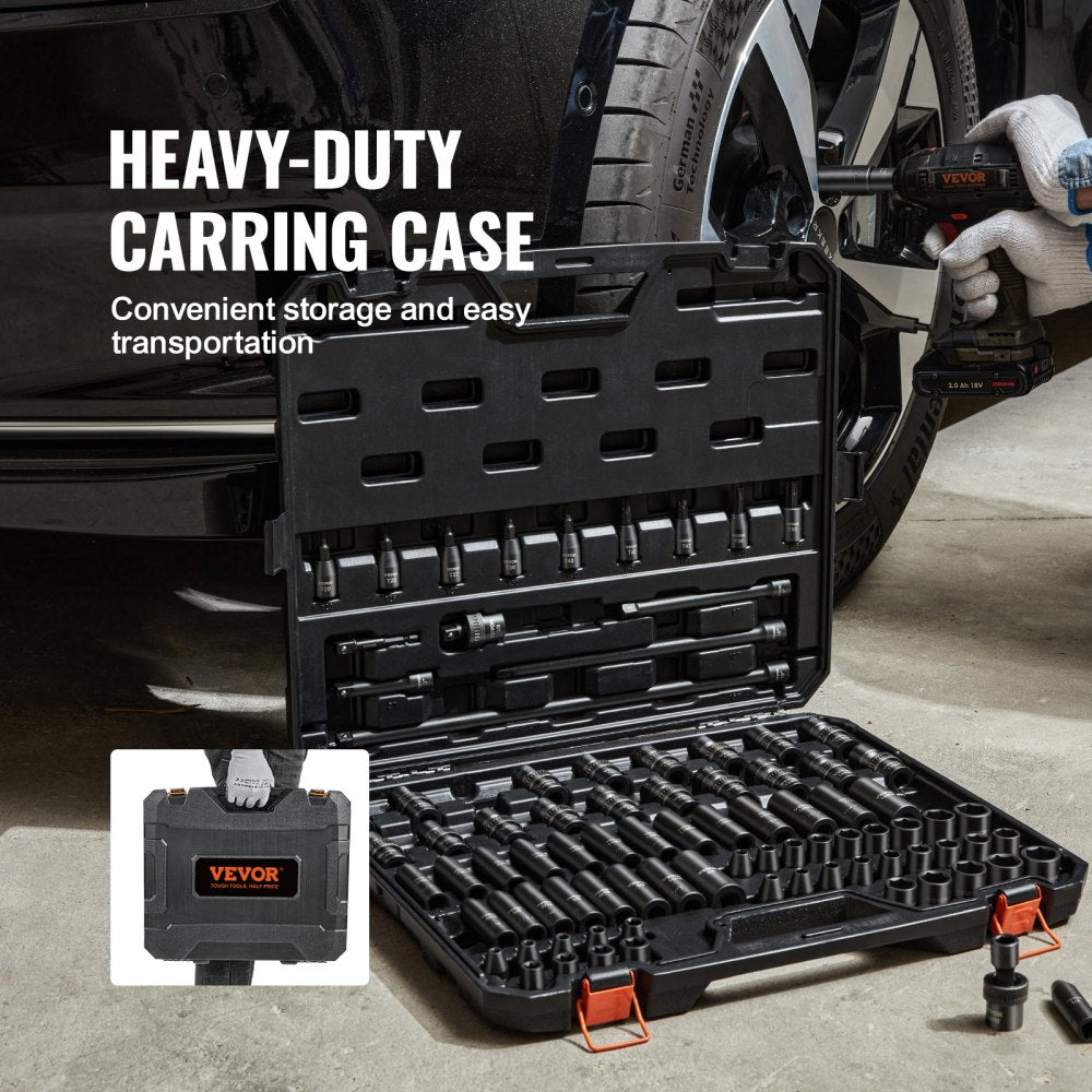 3/8" Drive Impact Socket Set, SAE 1/4"-3/4" and Metric 6-19mm 90 Piece Socket Set, 6 Point Cr-Mo Alloy Steel for Auto Repair, Includes Extension Bars Universal Joint Adapter Lock Storage Case