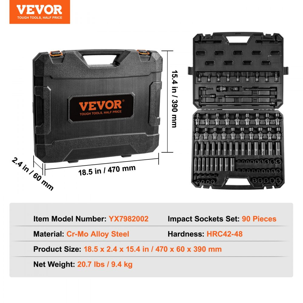 3/8" Drive Impact Socket Set, SAE 1/4"-3/4" and Metric 6-19mm 90 Piece Socket Set, 6 Point Cr-Mo Alloy Steel for Auto Repair, Includes Extension Bars Universal Joint Adapter Lock Storage Case