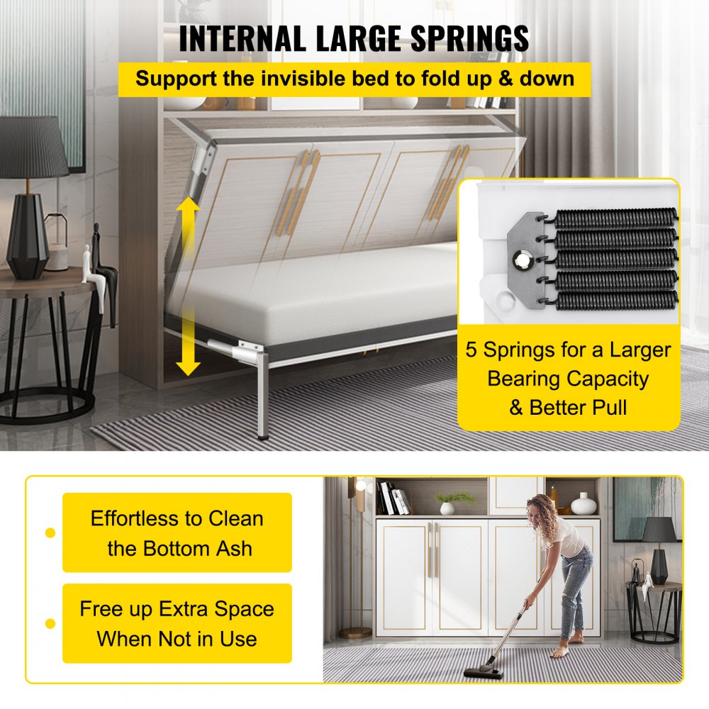 Murphy Mounting Wall Springs Mechanism Heavy Duty Support Hardware DIY Kit for Queen Twin Size Bed (Horizontal), White