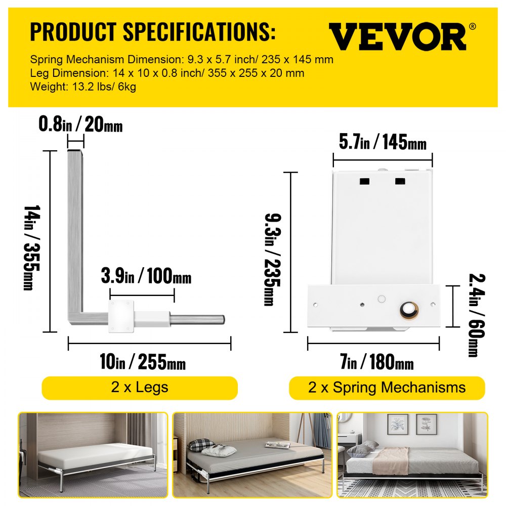 Murphy Mounting Wall Springs Mechanism Heavy Duty Support Hardware DIY Kit for Queen Twin Size Bed (Horizontal), White