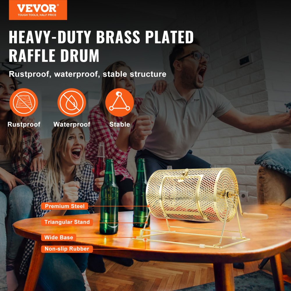 Raffle Drum,Holds 2500 Tickets or 100 Ping Pong Balls, Metal Lottery Spinning Drawing with Wooden Turning Handle,11.6 x Ø7.48 inch Brass Plated Raffle Ticket Spinning Cage, for Bingo Ballot Pa