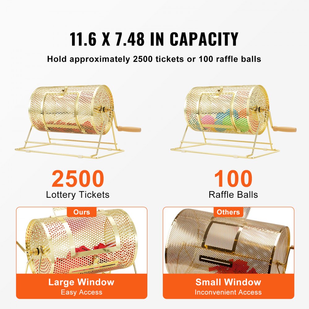 Raffle Drum,Holds 2500 Tickets or 100 Ping Pong Balls, Metal Lottery Spinning Drawing with Wooden Turning Handle,11.6 x Ø7.48 inch Brass Plated Raffle Ticket Spinning Cage, for Bingo Ballot Pa