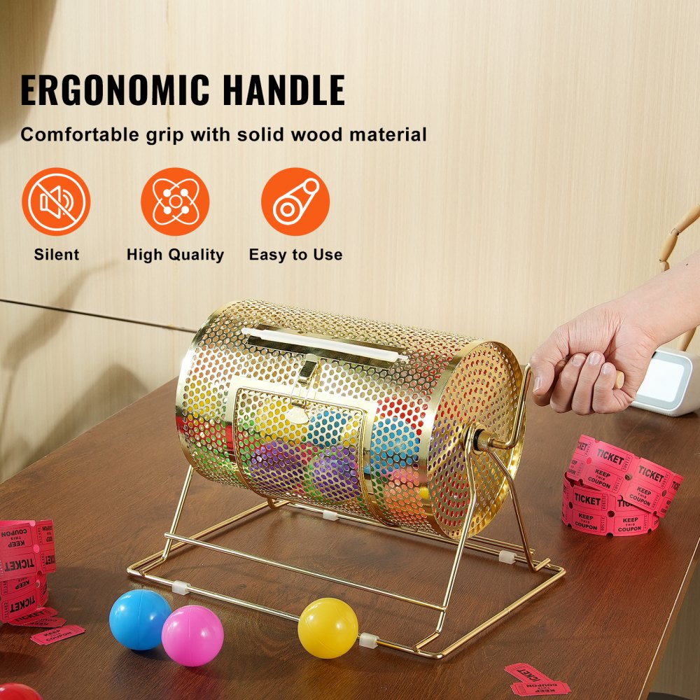 Raffle Drum,Holds 2500 Tickets or 100 Ping Pong Balls, Metal Lottery Spinning Drawing with Wooden Turning Handle,11.6 x Ø7.48 inch Brass Plated Raffle Ticket Spinning Cage, for Bingo Ballot Pa