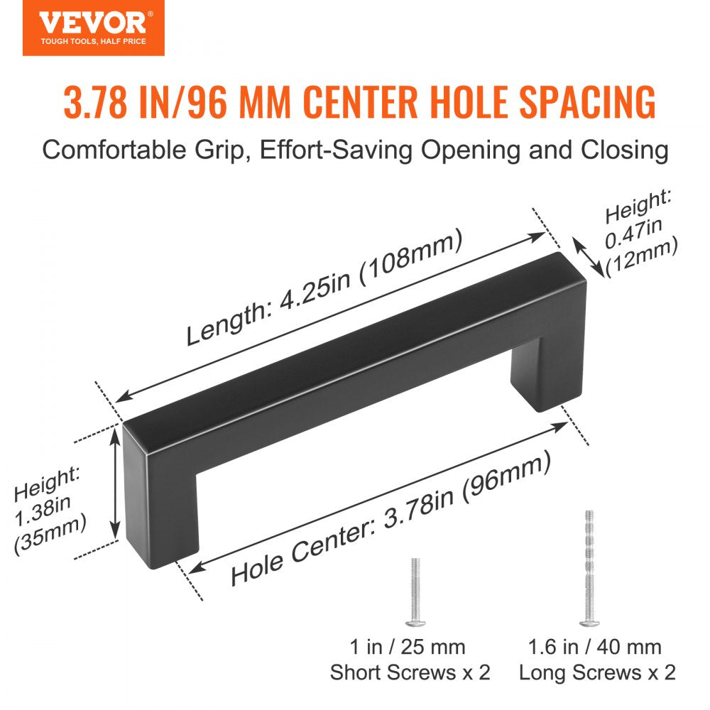10 Pack Cabinet Pulls, 3.86in / 96mm Center to Center Slim Square Kitchen Cabinet Drawer, Stainless Steel Modern Kitchen Cupboard Door Handles for Kitchen Bathroom Bar Hardware Matte Black
