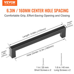10 Pack Cabinet Pulls, 6.3in / 160mm Center to Center Slim Square Kitchen Cabinet Drawer, Stainless Steel Modern Kitchen Cupboard Door Handles for Kitchen Bathroom Bar Hardware Matte Black
