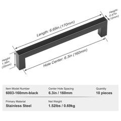 10 Pack Cabinet Pulls, 6.3in / 160mm Center to Center Slim Square Kitchen Cabinet Drawer, Stainless Steel Modern Kitchen Cupboard Door Handles for Kitchen Bathroom Bar Hardware Matte Black