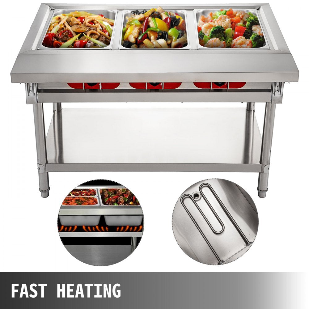 Commercial Electric Food Warmer 3 Pot Steam Table Food Warmer 18 Quart/Pan with Lids with 7 Inch Cutting Board Food Grade Stainless Steel Steam Table Serving Counter 110V 1500W for Restaurant
