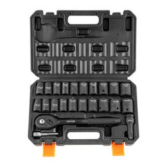 1/2" Drive Impact Socket Set, 23 Piece Socket Set SAE （7/16" -1"）& Metric （13-24mm）6 Point Cr-V Alloy Steel for Auto Repair with Ratchet Handle Rugged Construction Storage Case