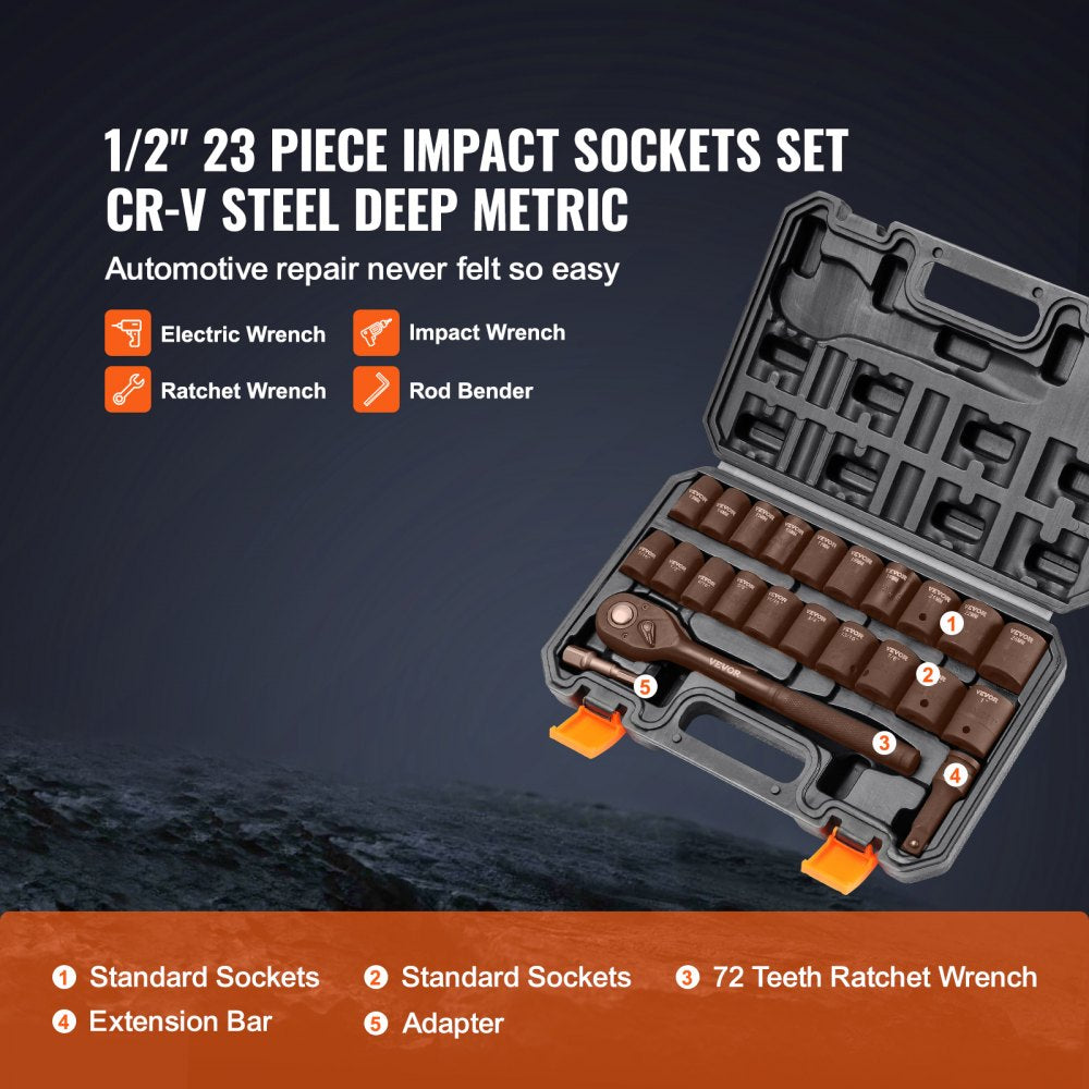 1/2" Drive Impact Socket Set, 23 Piece Socket Set SAE （7/16" -1"）& Metric （13-24mm）6 Point Cr-V Alloy Steel for Auto Repair with Ratchet Handle Rugged Construction Storage Case