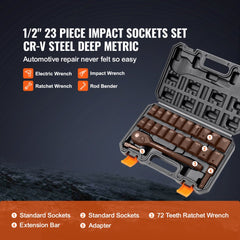 1/2" Drive Impact Socket Set, 23 Piece Socket Set SAE （7/16" -1"）& Metric （13-24mm）6 Point Cr-V Alloy Steel for Auto Repair with Ratchet Handle Rugged Construction Storage Case