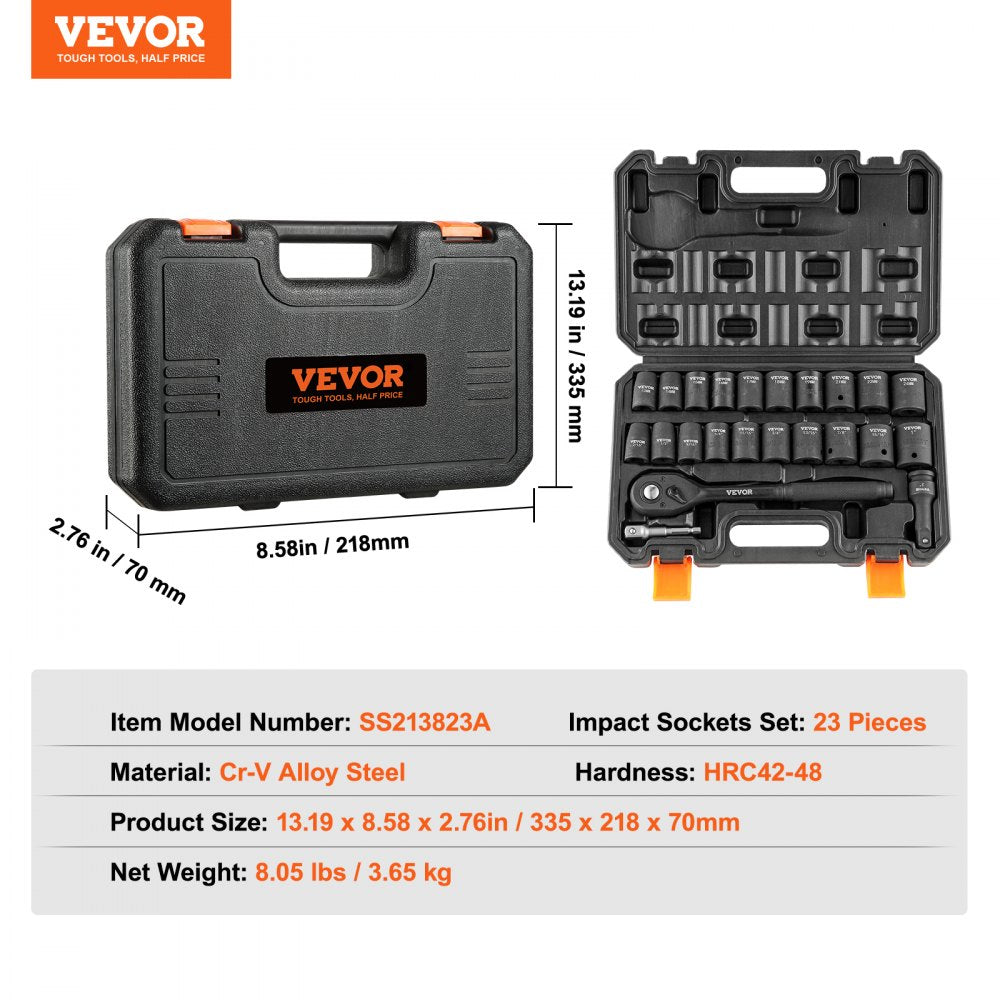 1/2" Drive Impact Socket Set, 23 Piece Socket Set SAE （7/16" -1"）& Metric （13-24mm）6 Point Cr-V Alloy Steel for Auto Repair with Ratchet Handle Rugged Construction Storage Case