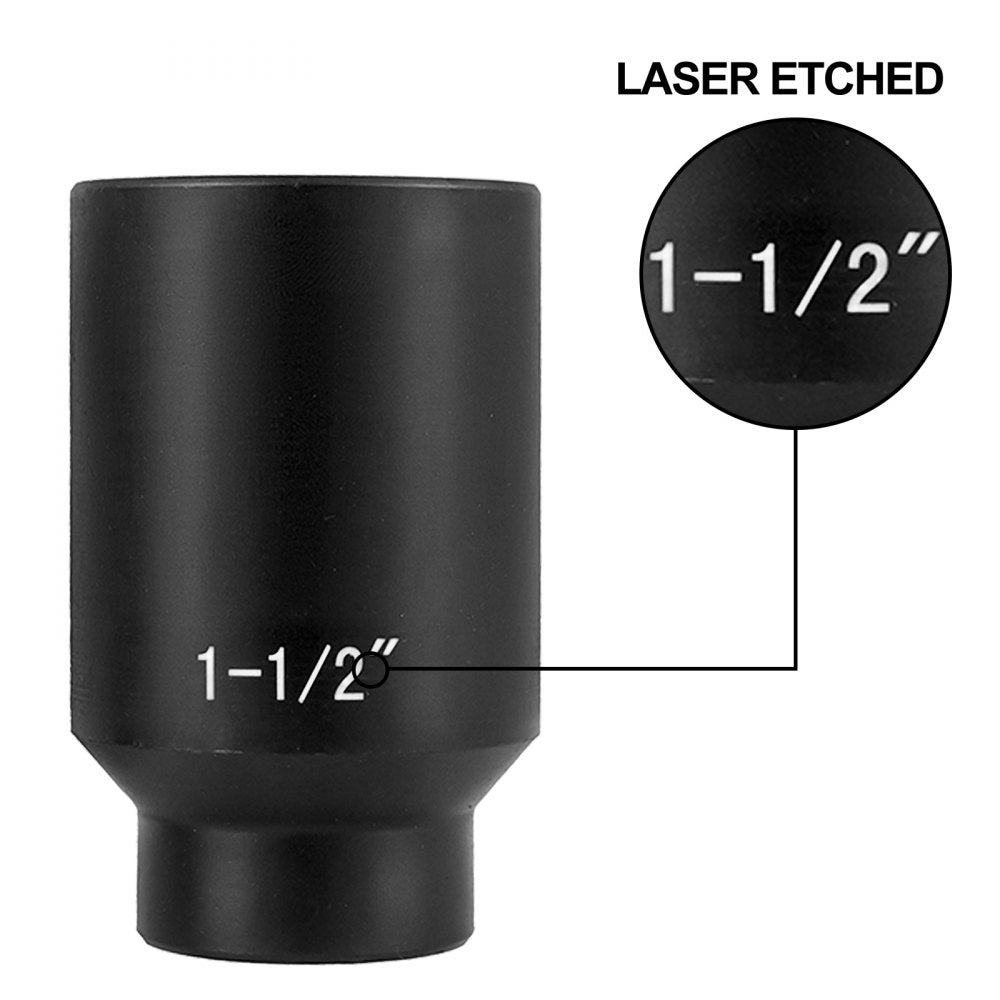 Black 1-1/2 inch deep 6-point impact socket with laser-etched size marking.
