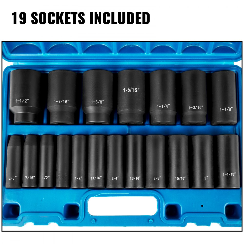 Blue 19-piece 1/2-inch drive deep 6-point impact socket set in molded case.