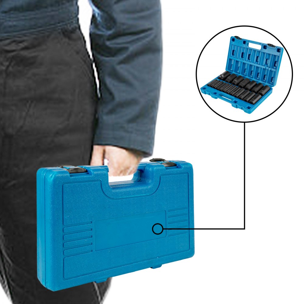 A person holding a blue case containing the 19-piece 1/2 inch drive deep 6-point impact socket set.
