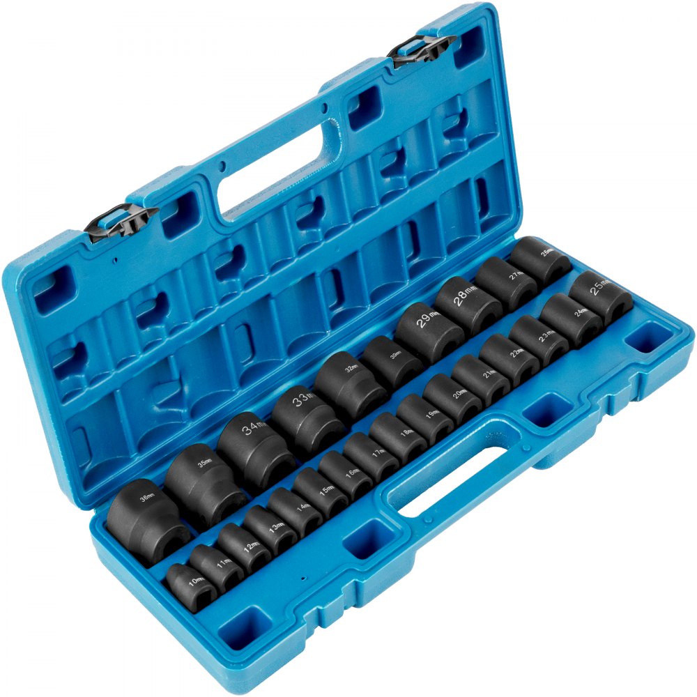 Blue case with 26 black metric impact sockets ranging from 10mm to 36mm sizes inside.