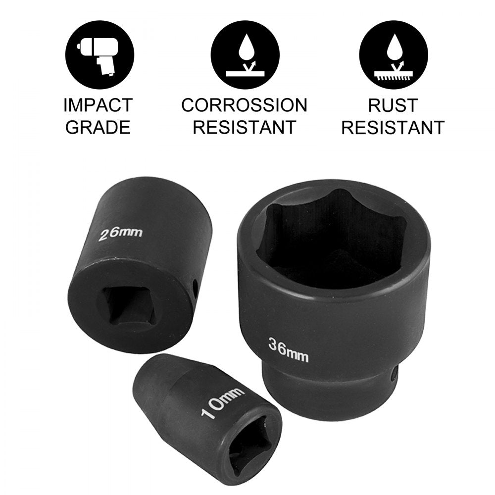 Three black 1/2-inch CR-V impact sockets sized 10mm, 26mm, and 36mm with impact grade, corrosion resistant, and rust resistant icons.