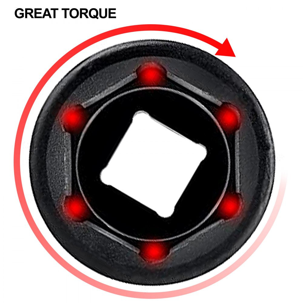 Black impact socket with red highlights and torque arrow, labeled "Great Torque".