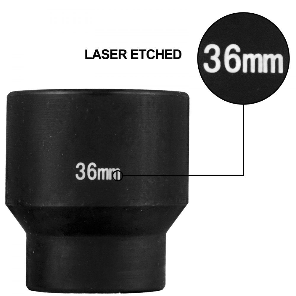 Black 36mm impact socket with laser-etched size marking.