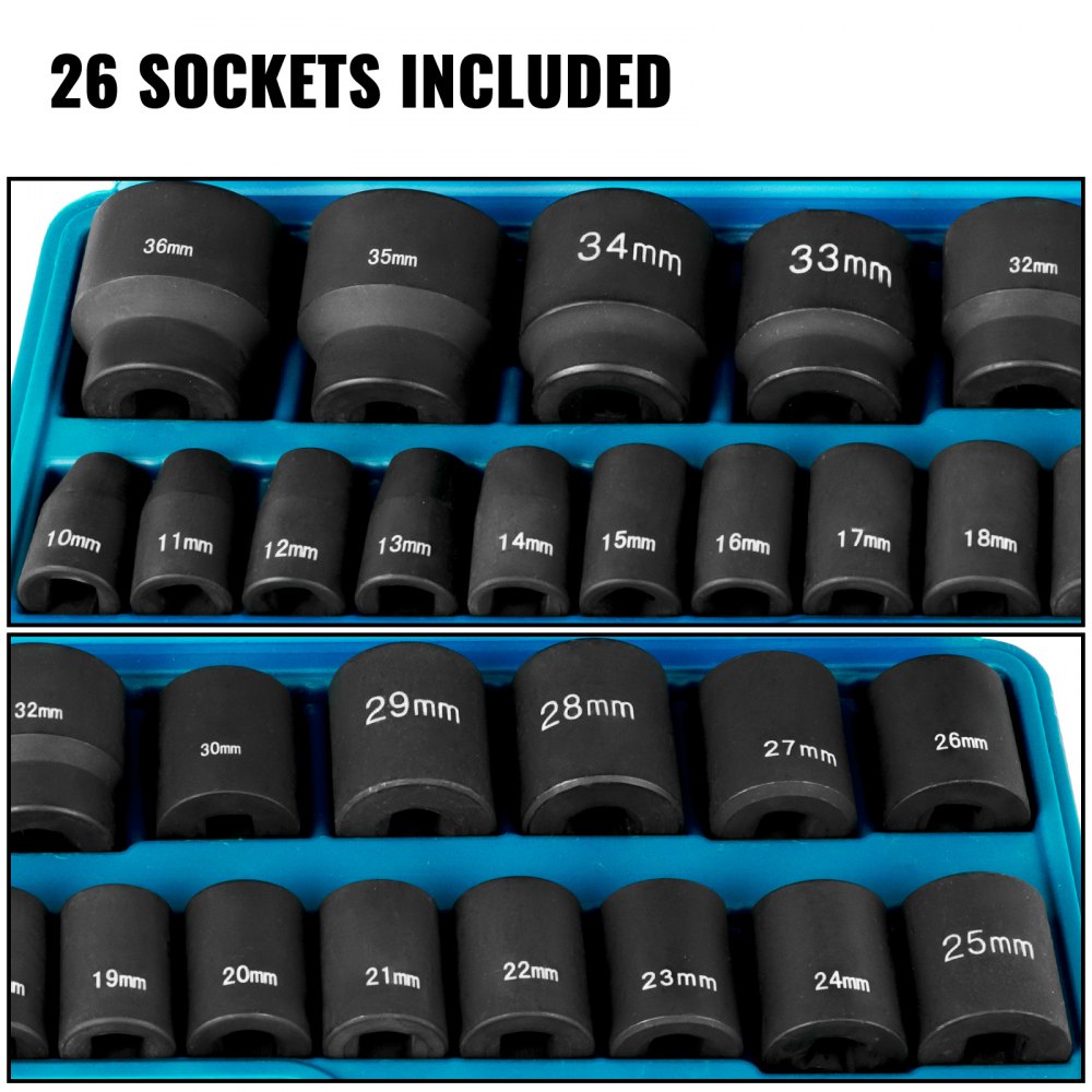 A 1/2-inch 26-piece metric impact socket set in a blue case, sizes 10-36mm.