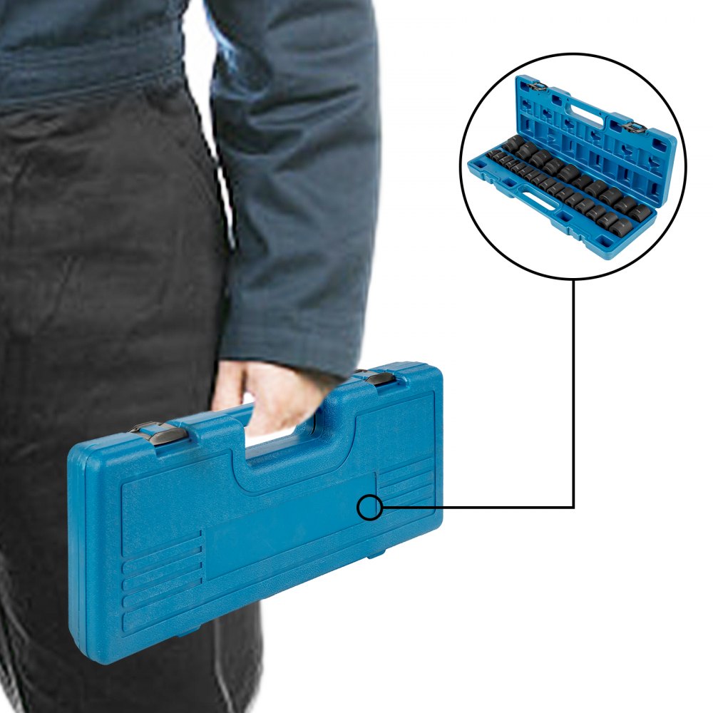 Blue carrying case with 26-piece metric impact socket set, sizes 10-36mm visible inside.