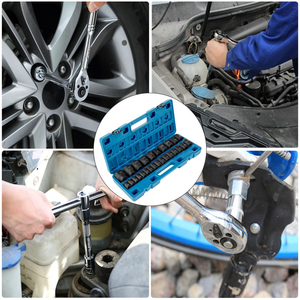 Blue 26-piece 1/2-inch metric impact socket set in carrying case, shown in use on car wheels and engine.