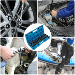 Blue 26-piece 1/2-inch metric impact socket set in carrying case, shown in use on car wheels and engine.