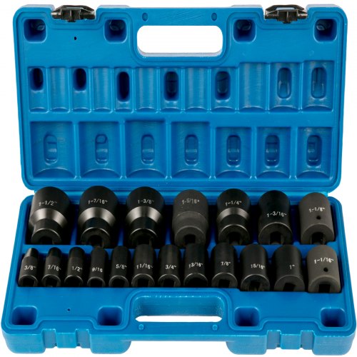 Blue 19-piece 1/2" drive impact socket set in open case with black SAE sockets.